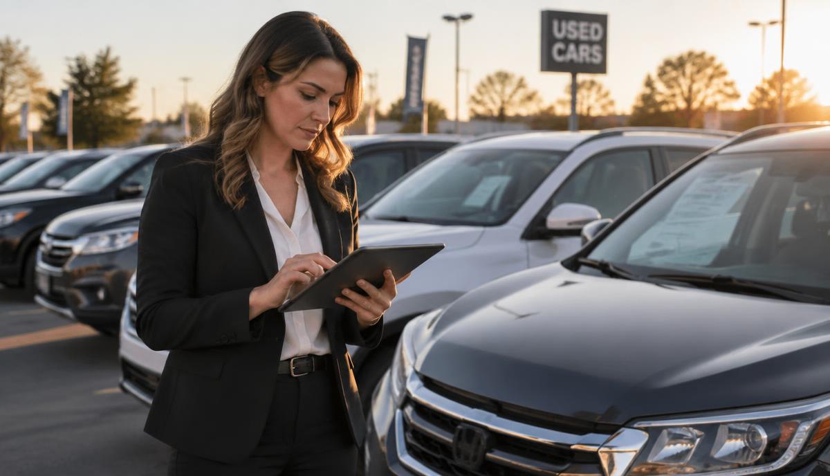 A dealer on a used car lot checking inventory on a tablet against the cars on the row